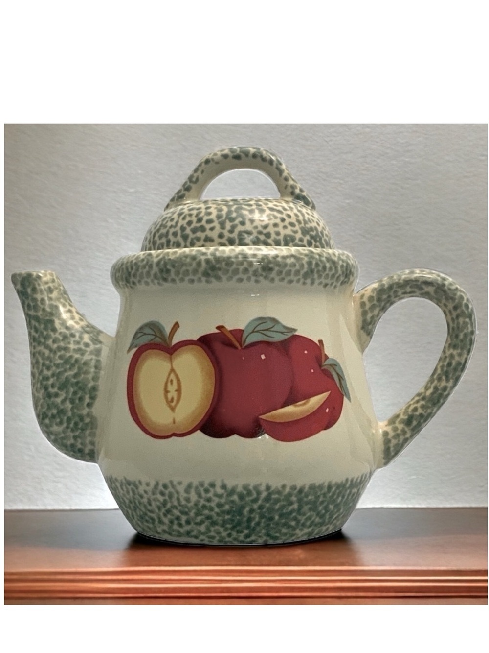 Vintage Teapot Stoneware Apple Motif Tender Hearts Treasures Primitive Farmhouse